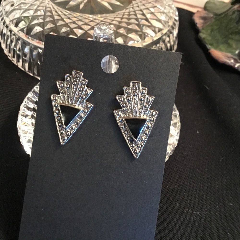 Silvertone and Black Triangle Earrings